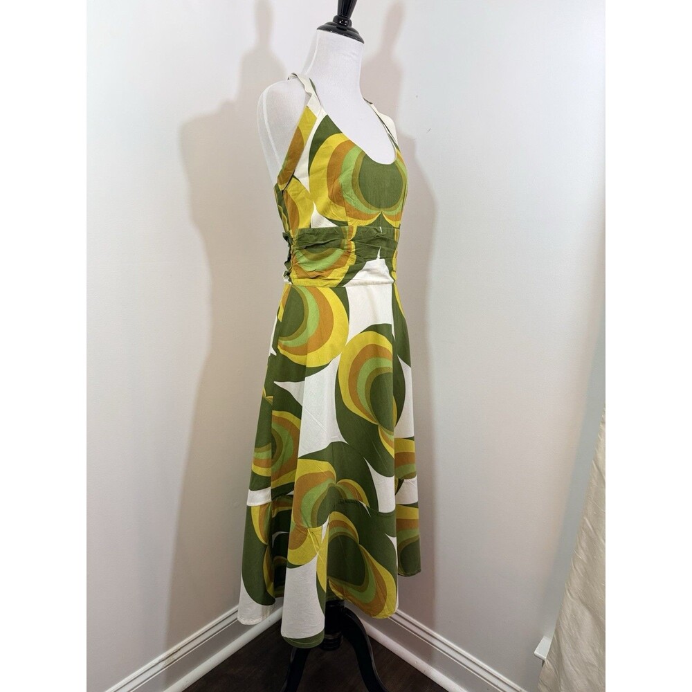 TOTEM Dress 4 Chartreuse Swirl 100% Cotton Fit N Flare VTG Inspired Summer Night - Picture 3 of 13
